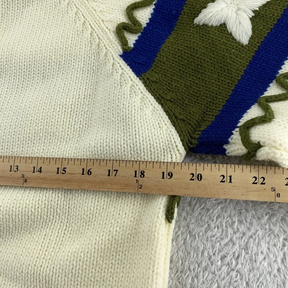 Vintage 70s Kimlon 3D Embroidered Chunky‎ Knit Sweater XS Shoulder Zipper Korea